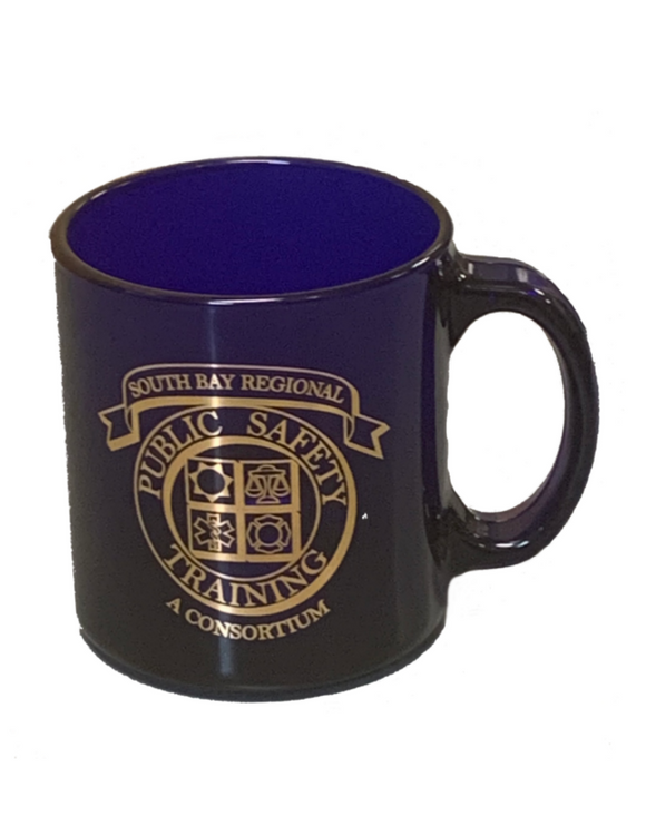 Blue Glass Mug Academy Logo