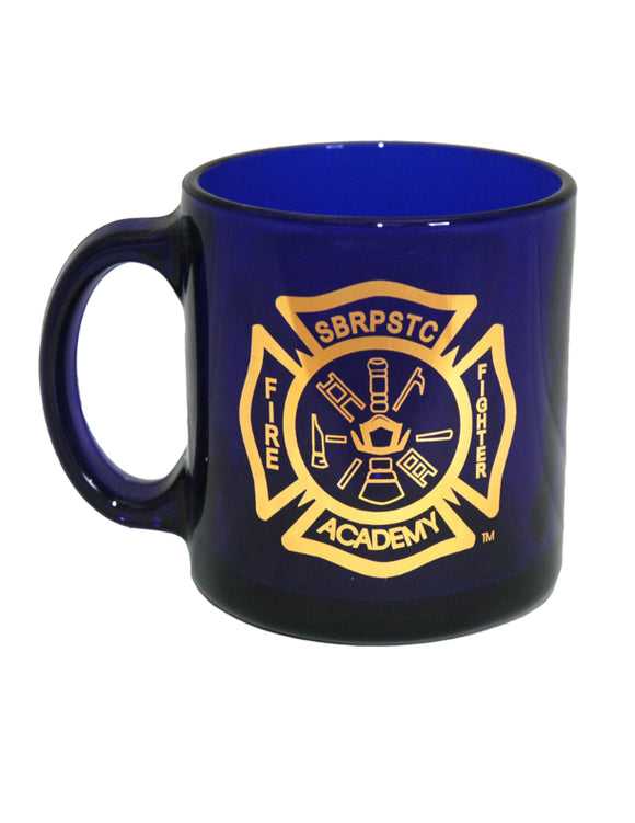 Blue Glass Mug Fire Logo